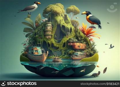 a surreal float island featuring a tropical rainforest, complete with exotic birds and wildlife., created with generative ai. a surreal float island featuring a tropical rainforest, complete with exotic birds and wildlife.