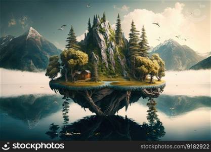 a surreal float island in a serene lake, surrounded by tall trees and mountains, created with generative ai. a surreal float island in a serene lake, surrounded by tall trees and mountains