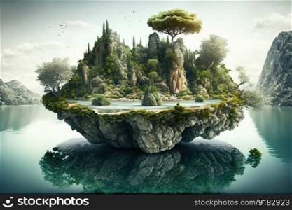 a surreal float island surrounded by luscious greenery, with a crystal-clear lake in the background., created with generative ai. a surreal float island surrounded by luscious greenery, with a crystal-clear lake in the background.