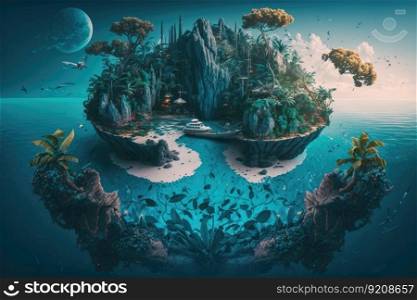 a surreal float island surrounded by tropical plants and a mystical blue lagoon, created with generative ai. a surreal float island surrounded by tropical plants and a mystical blue lagoon