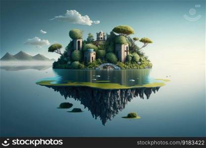 a surreal float island that appears to be in the middle of a lake, surrounded by lush greenery and a clear blue sky., created with generative ai. a surreal float island that appears to be in the middle of a lake, surrounded by lush greenery and a clear blue sky.