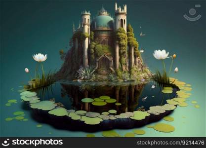 a surreal float island with a castle and moat, surrounded by lily pads and other aquatic plants., created with generative ai. a surreal float island with a castle and moat, surrounded by lily pads and other aquatic plants.