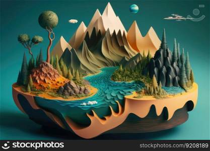 a surreal float island with a forested landscape, a winding river, and mountains in the distance., created with generative ai. a surreal float island with a forested landscape, a winding river, and mountains in the distance.