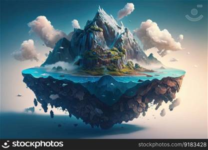 a surreal float island with a jagged mountaintop hidden in the clouds, surrounded by misty mountains and blue skies., created with generative ai. a surreal float island with a jagged mountaintop hidden in the clouds, surrounded by misty mountains and blue skies.