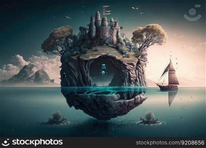 a surreal float island with a mysterious castle and an abandoned pirate ship, surrounded by crystal clear water., created with generative ai. a surreal float island with a mysterious castle and an abandoned pirate ship, surrounded by crystal clear water.