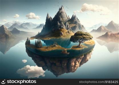 a surreal float island with a serene lake and mountain backdrop, perfect for meditation or reflection., created with generative ai. a surreal float island with a serene lake and mountain backdrop, perfect for meditation or reflection.