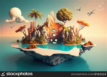a surreal float island with a tropical beach, palm trees, and a lagoon, created with generative ai. a surreal float island with a tropical beach, palm trees, and a lagoon