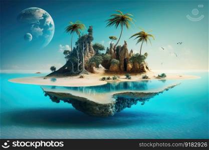 a surreal float island with a tropical lagoon and palm trees surrounded by crystal blue water., created with generative ai. a surreal float island with a tropical lagoon and palm trees surrounded by crystal blue water.