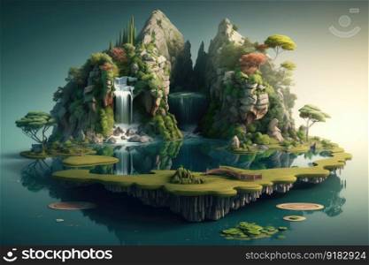 a surreal float island, with a waterfall and lush greenery, in the middle of an idyllic lake., created with generative ai. a surreal float island, with a waterfall and lush greenery, in the middle of an idyllic lake.