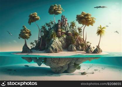 a surreal float island with towering palm trees, a sandy beach and crystal-clear water., created with generative ai. a surreal float island with towering palm trees, a sandy beach and crystal-clear water.