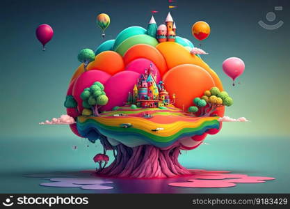 a surreal floating island made of giant balloons in a vibrant and colorful rainbow hue., created with generative ai. a surreal floating island made of giant balloons in a vibrant and colorful rainbow hue.
