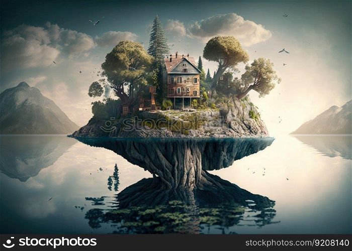 a surreal floating island with a cottage and a dock in the distance, created with generative ai. a surreal floating island with a cottage and a dock in the distance