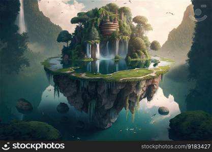 a surreal floating island with a hidden lagoon, surrounded by luscious greenery and waterfalls., created with generative ai. a surreal floating island with a hidden lagoon, surrounded by luscious greenery and waterfalls.