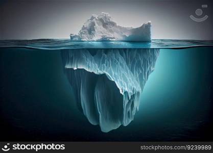 A surreal underwater scene of a huge iceberg floating in the ocean, with its massive size and majestic beauty captured in stunning detail. Ideal for nature and conservation themes. AI Generative.