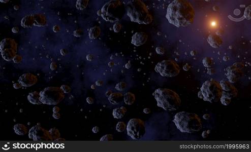 A swarm of asteroids in front of the galaxy and the Sun. Asteroid belt, debris in the solar system of Asteroid. Field in front of mega asteroid. 3d render.. A swarm of asteroids in front of the galaxy and the Sun. Asteroid belt, debris in the solar system of Asteroid 3d render