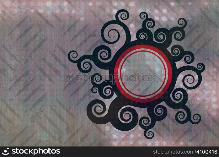 A swirly foliage frame over a diamond plate texture with plenty of copyspace.
