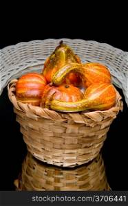 A table center piece of autumn gourds.