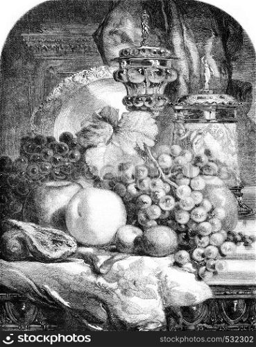A table of fruits, vintage engraved illustration. Magasin Pittoresque 1852.