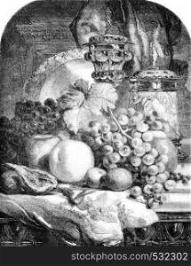 A table of fruits, vintage engraved illustration. Magasin Pittoresque 1852.