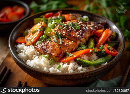 A tasty, Asian-inspired summer fish stir-fry, showcasing tender, marinated fish pieces, stir-fried with a colorful array of fresh, seasonal vegetables, and served over a bed of steamed rice. Generative AI.