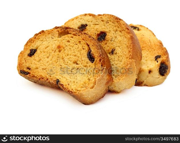 A tasty biscuit with raisins on a white background.