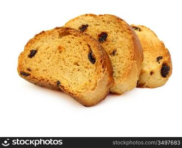 A tasty biscuit with raisins on a white background.