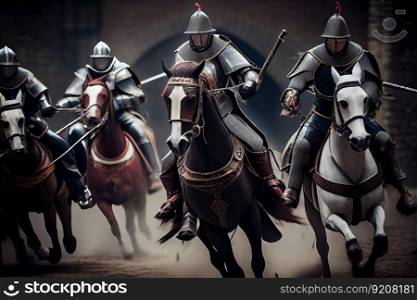 a team of knights storming the fortress, charging on their horses in full armor, created with generative ai. a team of knights storming the fortress, charging on their horses in full armor