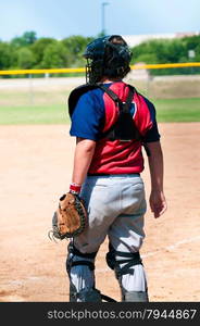 A teen boy baseball catcher from behind, standing during a game.