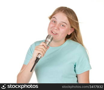 a teenage girl singing karaoke on white