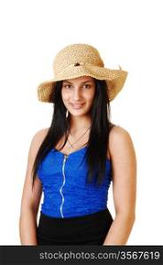 A teenager girl in a blue corset, black skirt and a straw hat standing forwhite background with her long black hair.