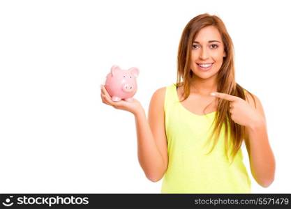 A teenager holding a piggy bank (money box) - savings concept