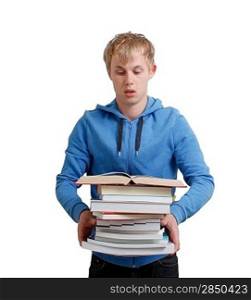 A teenager holding a stack of books