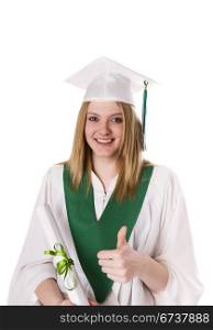 A teenager receives her diploma and gives a thumbs up