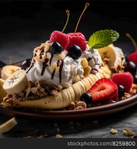A tempting, close-up shot of a vegan featuring dairy-free ice cream, fresh fruit, and natural sweeteners. Highlights the dessert wholesome appeal. Generative AI