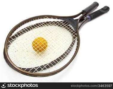 A tennis ball and racket on a white background