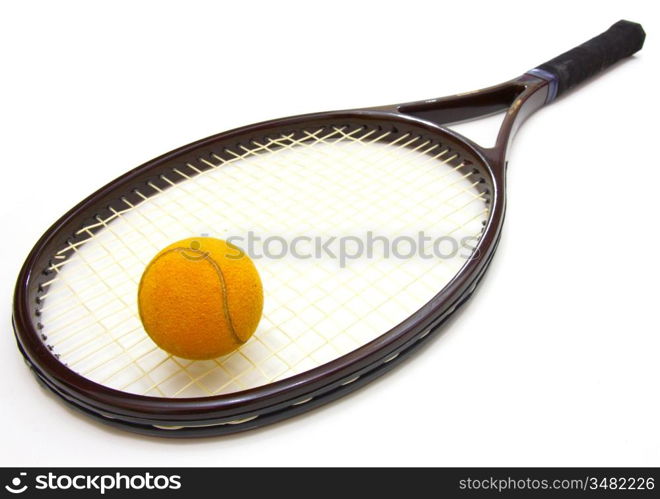 A tennis ball and racket on a white background