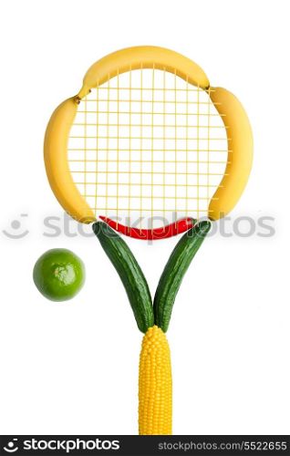 A tennis racket made of fruits, vegetables and noodle net with a lime as a ball on white background.