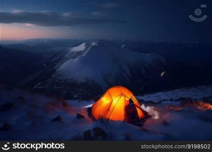 A tent pitched in the snow under a starry sky in the majestic mountains a winter wonderland adventure. AI Generative