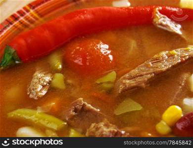 A thick and hearty spicy Mexican soup. (like chili con carne)