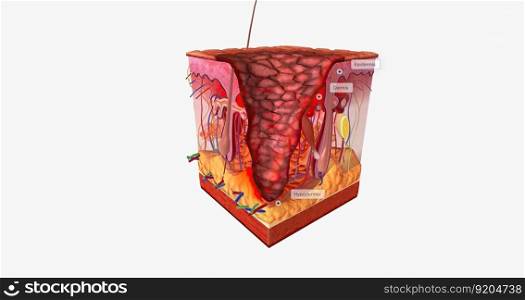 A third degree burn will damage all of the layers of the skin  the epidermis, dermis, and the hypodermis. 3D rendering. A third degree burn will damage all of the layers of the skin  the epidermis, dermis, and the hypodermis.