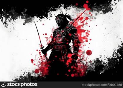 A thoughtful samurai in armor stands in profile against the abstract red and white background. Neural network AI generated art. A thoughtful samurai in armor stands in profile against the abstract red and white background. Neural network generated art