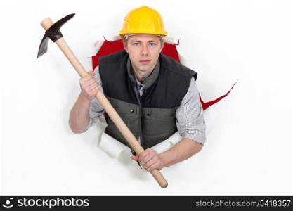 A threatening man with a pickaxe.