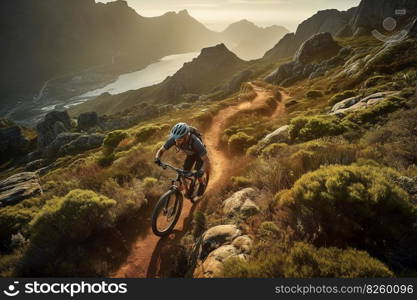 A thrilling, high-speed mountain biking scene, featuring a daring rider navigating a rugged, rocky trail, with a breathtaking mountain vista as the backdrop. Generative AI.