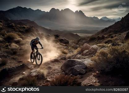 A thrilling, high-speed mountain biking scene, featuring a daring rider navigating a rugged, rocky trail, with a breathtaking mountain vista as the backdrop. Generative AI.