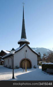 A tiny chuch in the Swiss winter resort of Gstaad