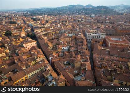a top view of the historic center of Bologna and the Tuscany hills in the background, Italy