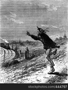 A tour of France with a little boy from Paris. Vent-Debout running after the train. From Travel Diaries, vintage engraving, 1884-85.