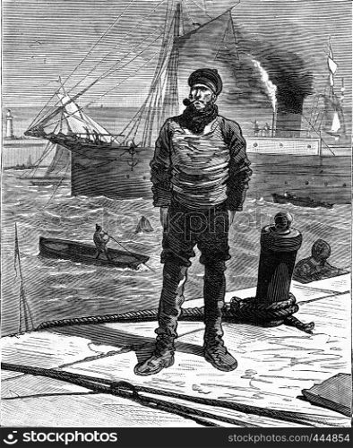 A tour of France with a little boy from Paris. The Captain of the ship. From Travel Diaries, vintage engraving, 1884-85.