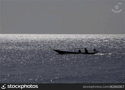 a Tourboat on a Bay, Beach and Landscape at the Town of Sairee Village on the Ko Tao Island in the Province of Surat Thani in Thailand,  Thailand, Ko Tao, March, 2010. THAILAND SURAT THANI KO TAO ISLAND