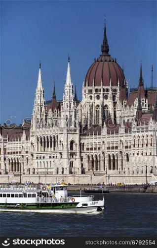 A tourist boat sailing past the Hungarian Parliament Building in Budapest, Hungary. It is the seat of the National Assembly of Hungary. It lies in Lajos Kossuth Square, on the bank of the River Danube. It is currently the largest building in Hungary and is still the tallest building in Budapest.